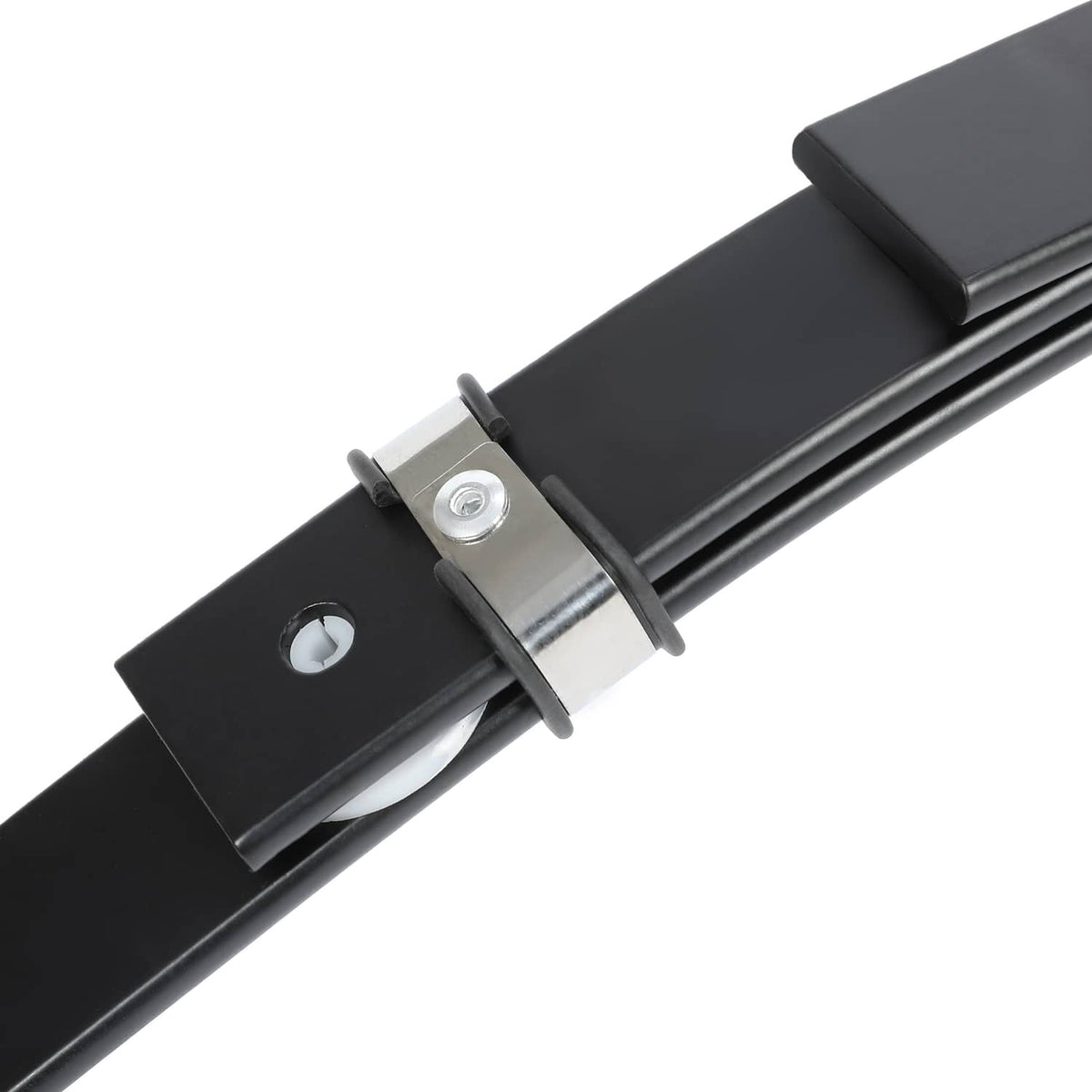 Leaf spring bushing and metal clamp bracket detail on black spring pack
