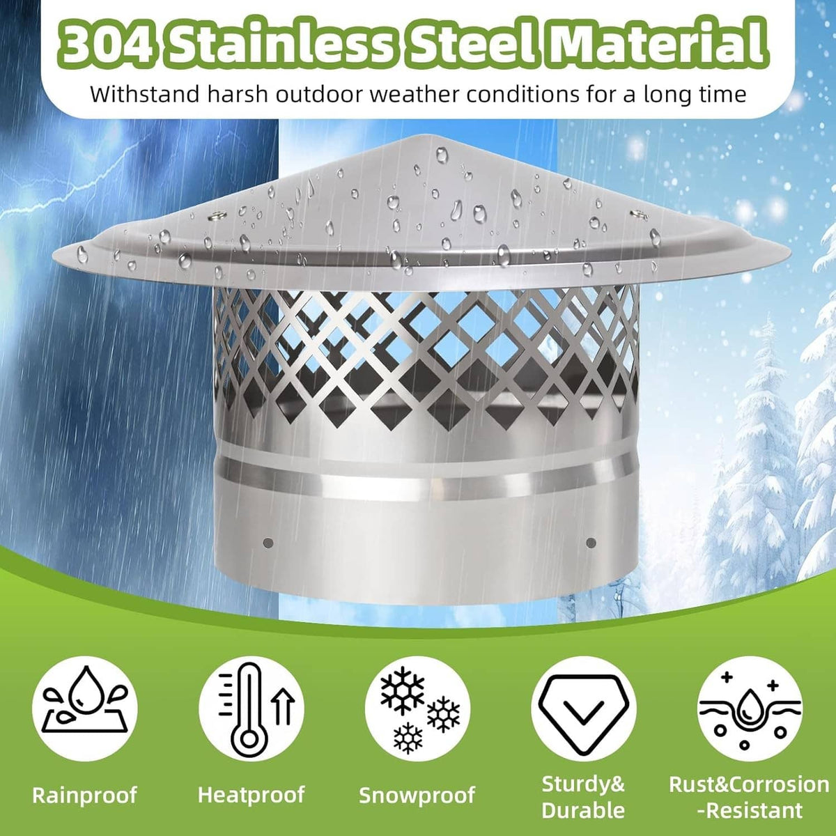 Stainless steel chimney cap with cone top and diamond-pattern screen