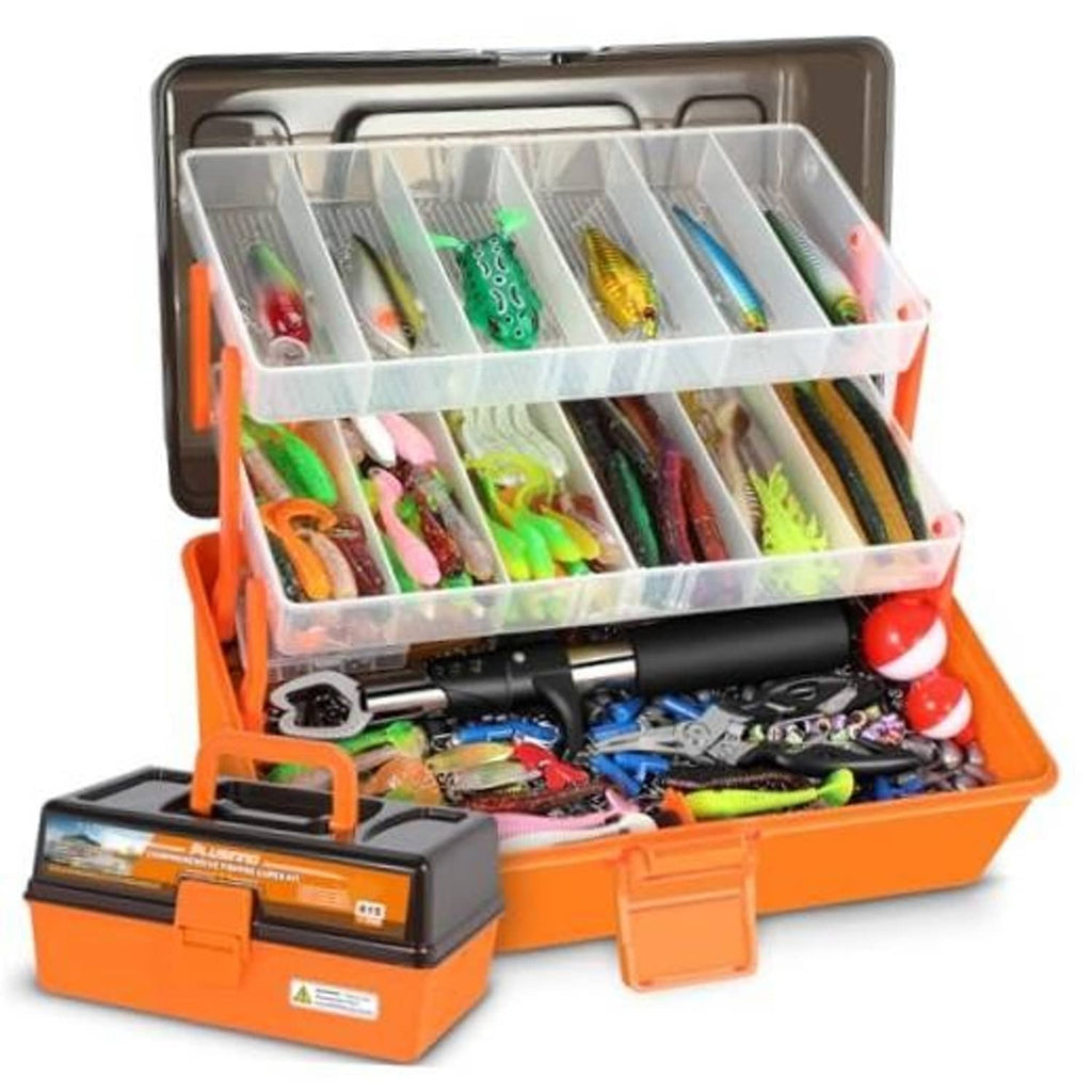 Orange and gray 3-layer fishing tackle box with clear compartments and assorted lures