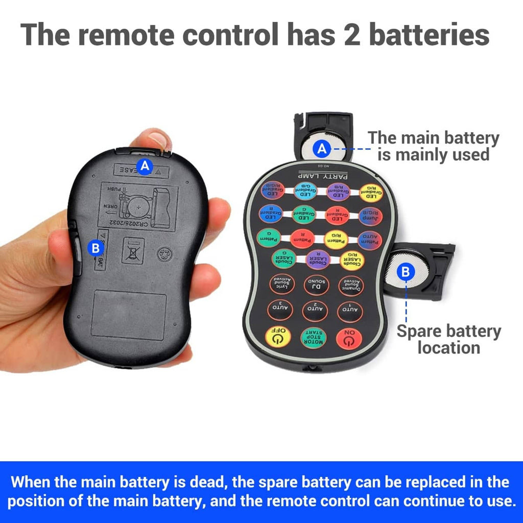 Black remote control for party laser light with main and spare battery compartments