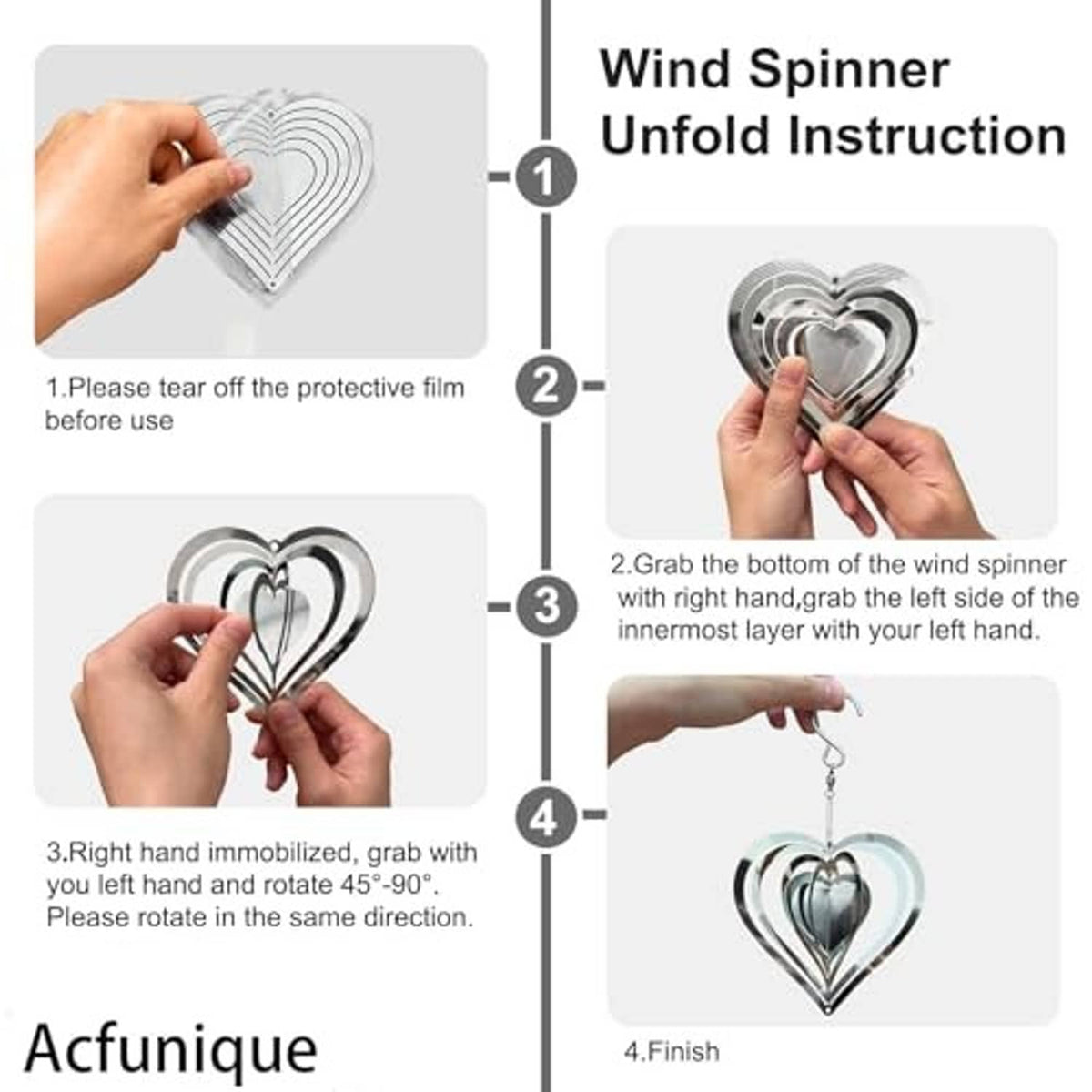 Hand installation of heart-shaped stainless wind spinner with hanging hook and protective film.