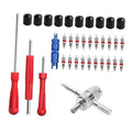 Valve stem tool kit with red-handled puller, metal shafts, and black valve caps