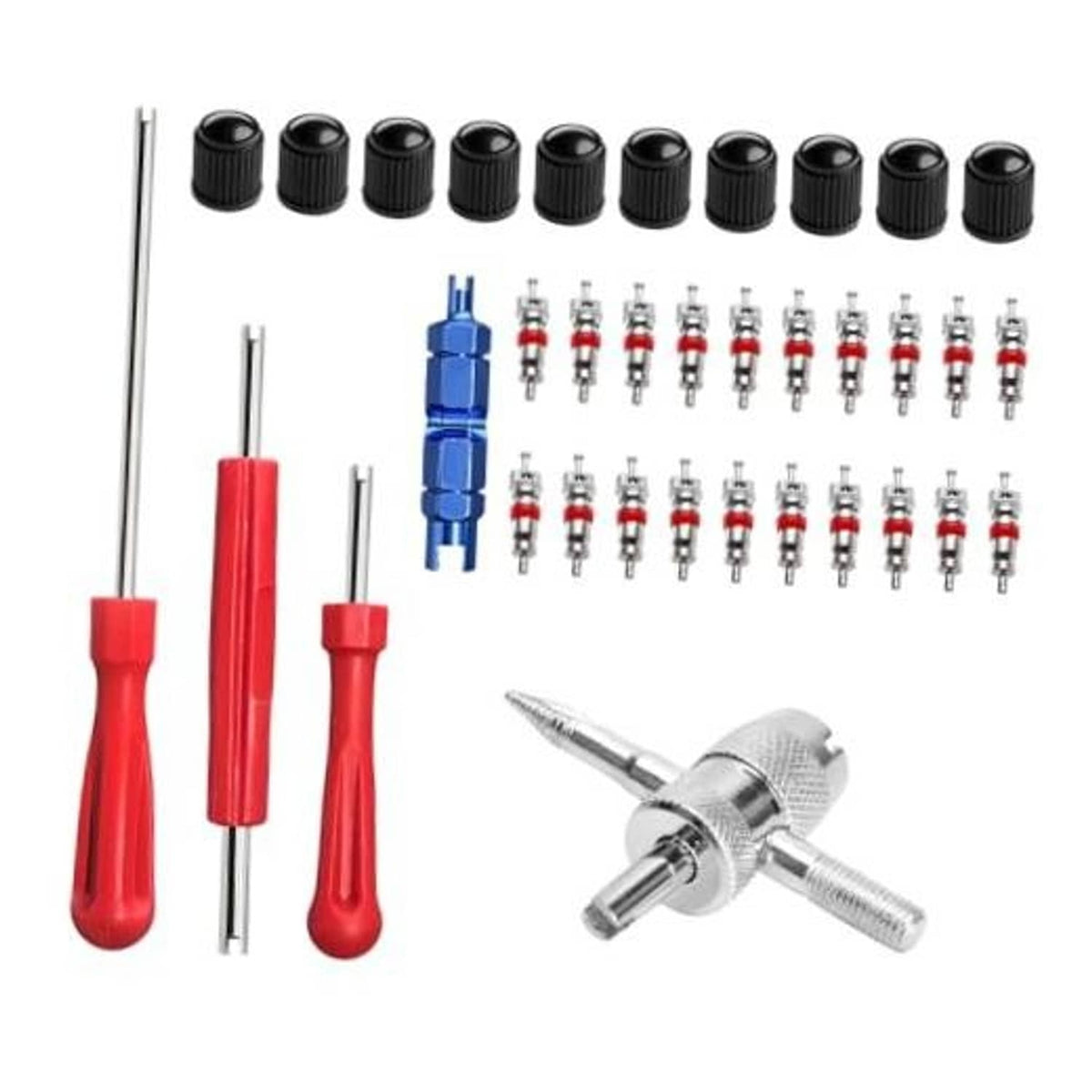 Valve stem tool kit with red-handled puller, metal shafts, and black valve caps