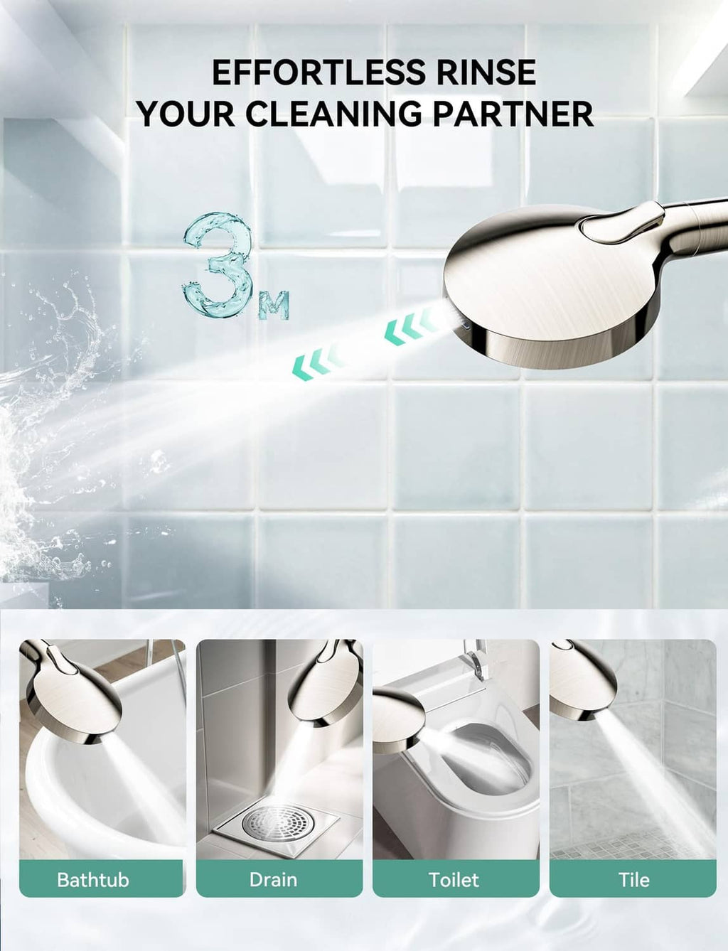 Magichome brushed nickel shower head with face panel and cleaning rinse flow