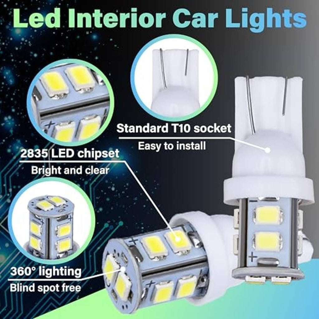 White LED dome light bulb with T10-style base and multi-chip LED board, chrome tip