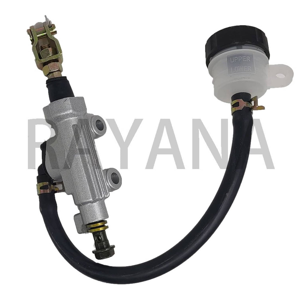 Rear brake master cylinder assembly with black hoses, silver cylinder, and two mounting ports