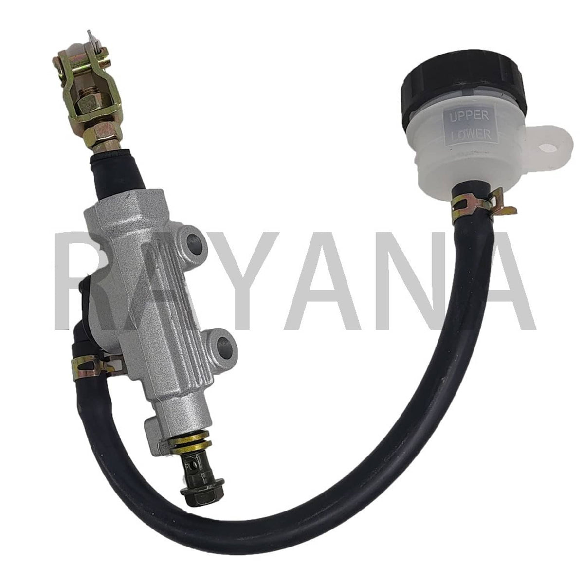 Rear brake master cylinder assembly with black hoses, silver cylinder, and two mounting ports