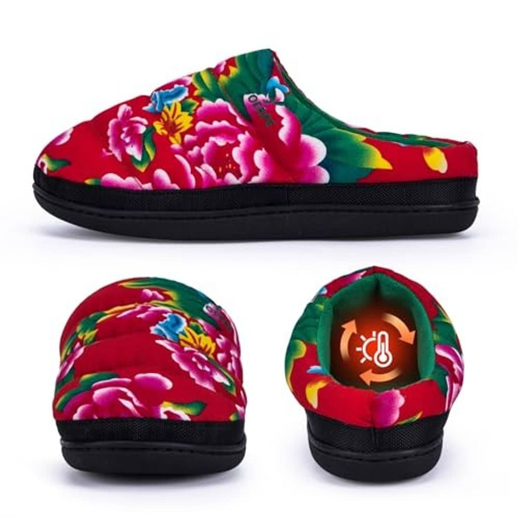 Red floral slip-on slippers with green lining and black platform sole, side and heel view.