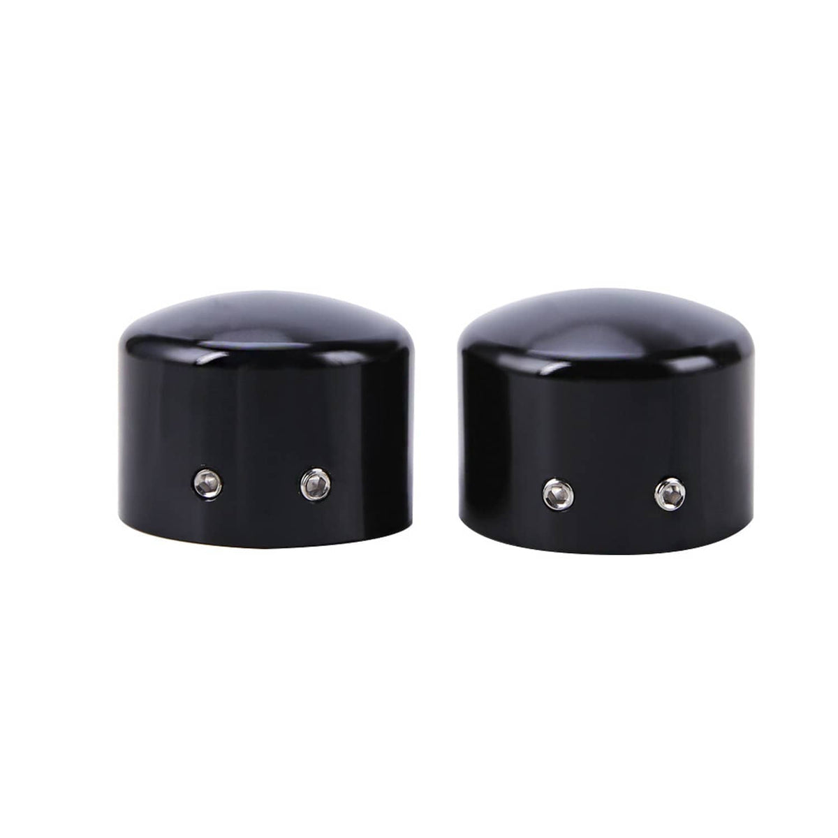 Black front axle cap nut covers with two domed caps and visible mounting screws