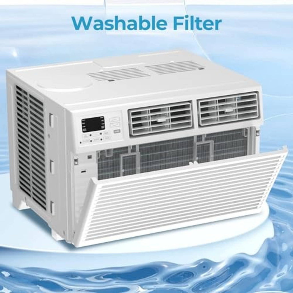 White window air conditioner with washable filter panel pulled out