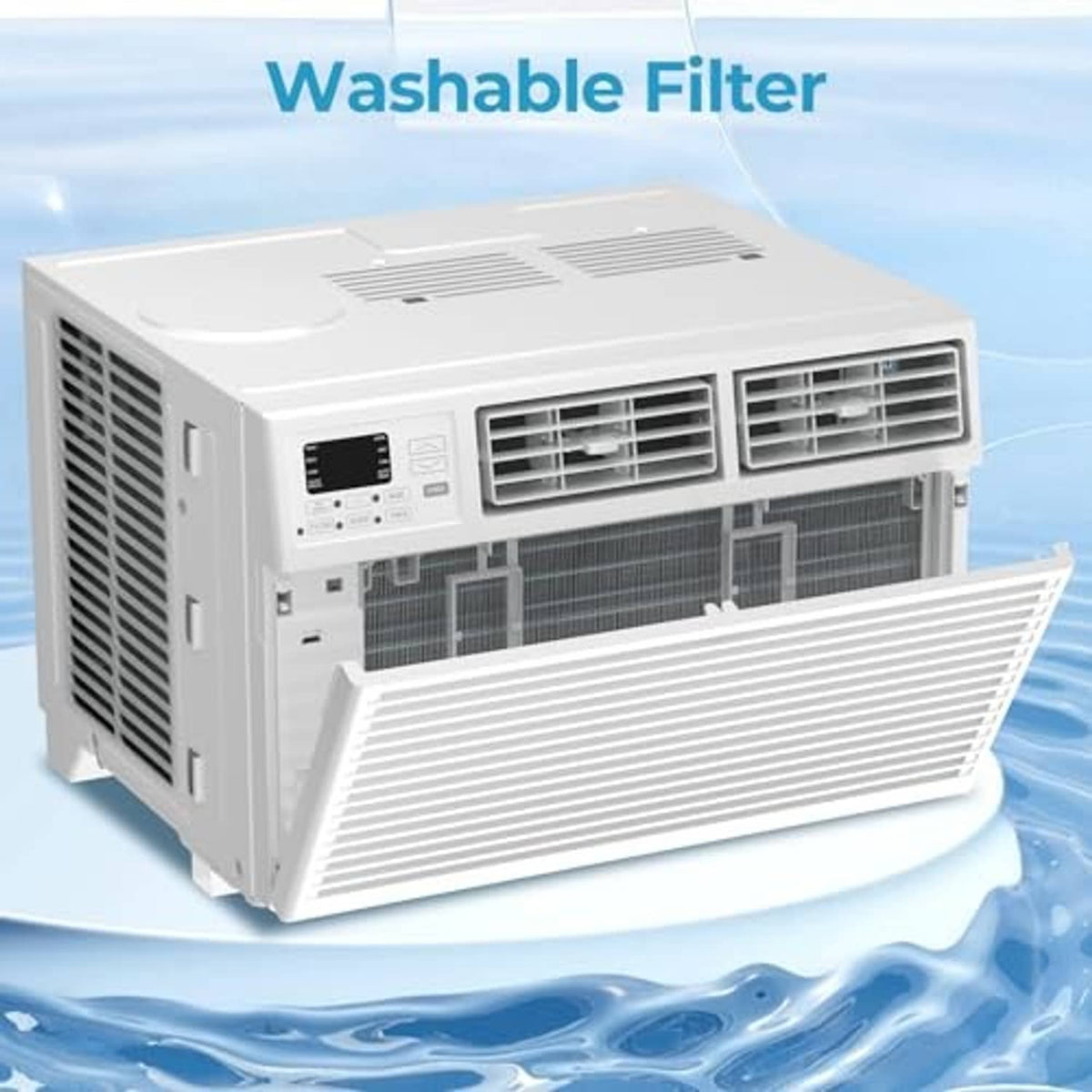 White window air conditioner with washable filter panel pulled out