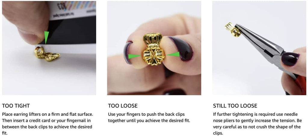 Instruction diagram for adjusting earring back clip tension: too tight, too loose, correct