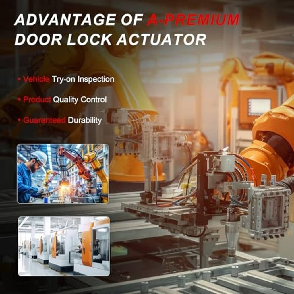 Door lock actuator premium advantage graphic with manufacturing production line imagery