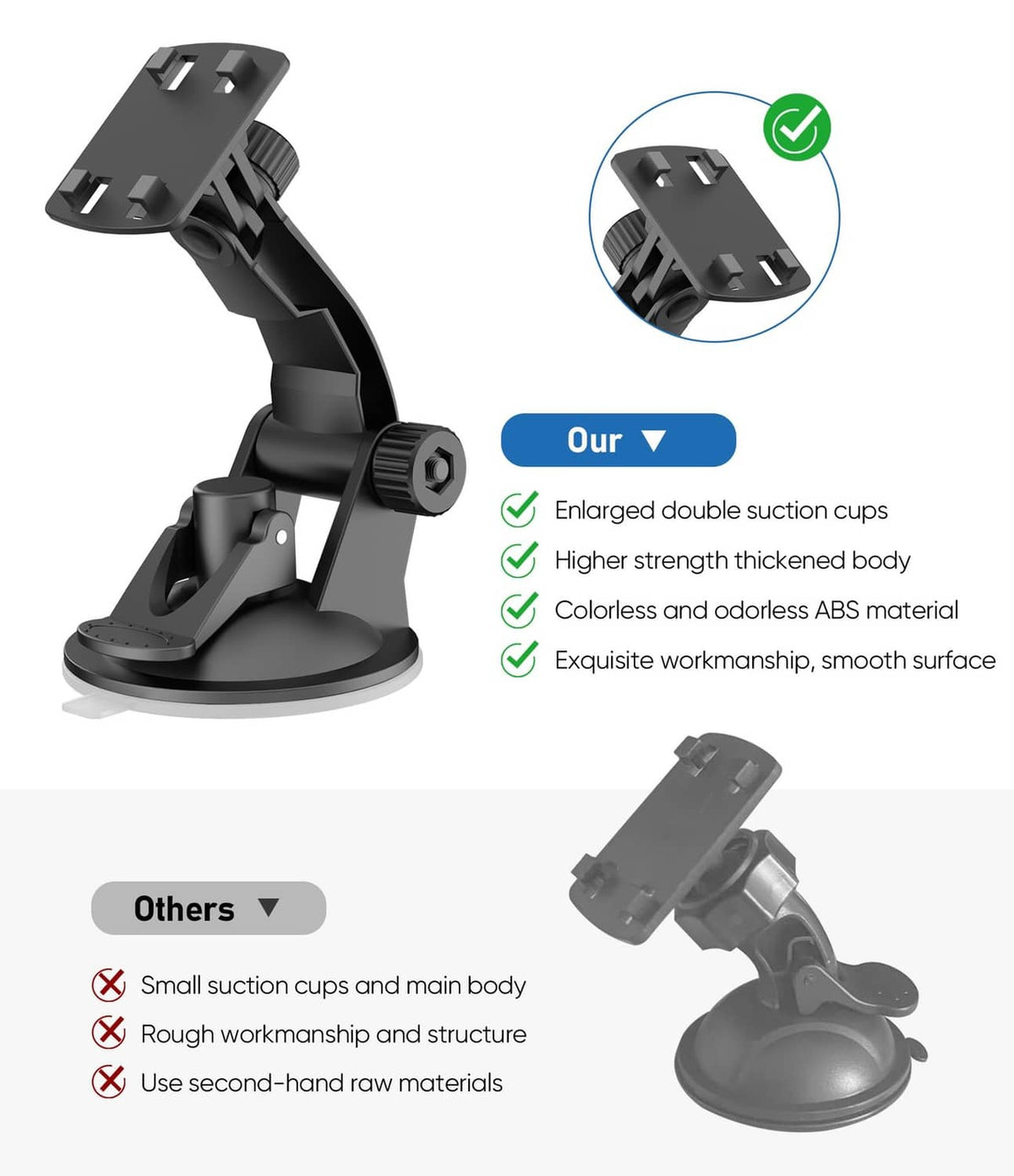 Black adjustable backup camera mount stand with suction cups and mounting plate