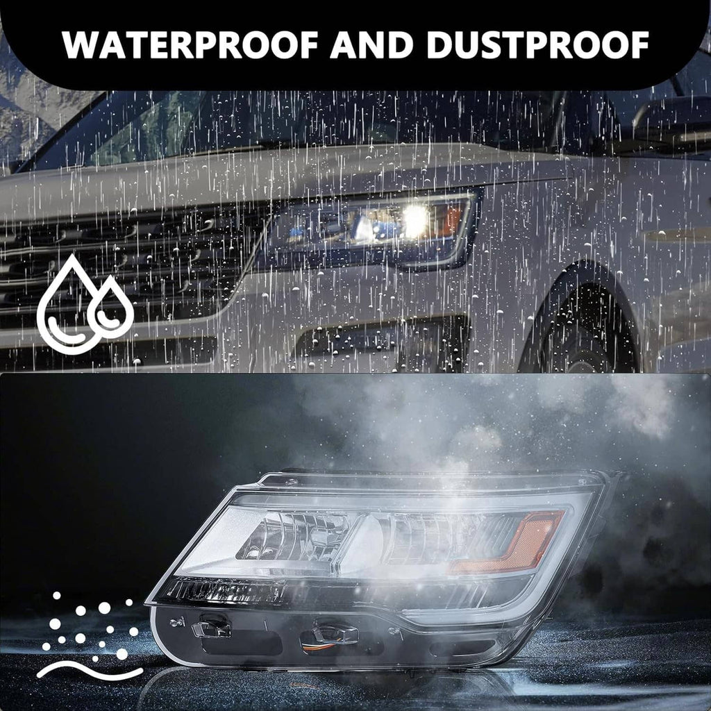 Headlight assembly in rain with clear lens and amber turn signal