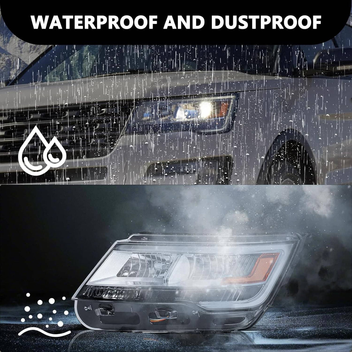 Headlight assembly in rain with clear lens and amber turn signal
