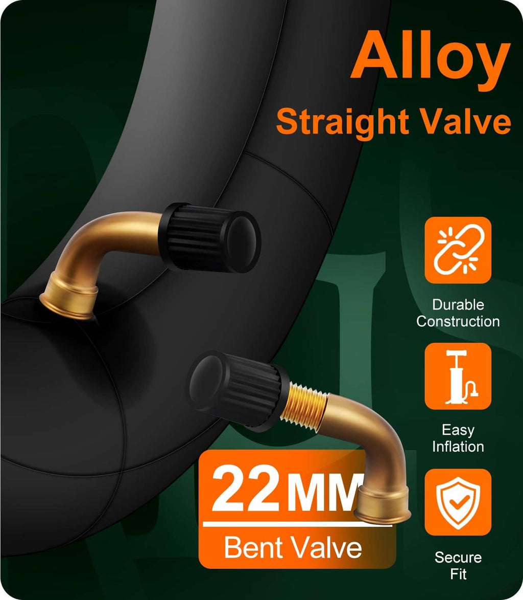 Black inner tube with gold bent valve stem and black valve cap