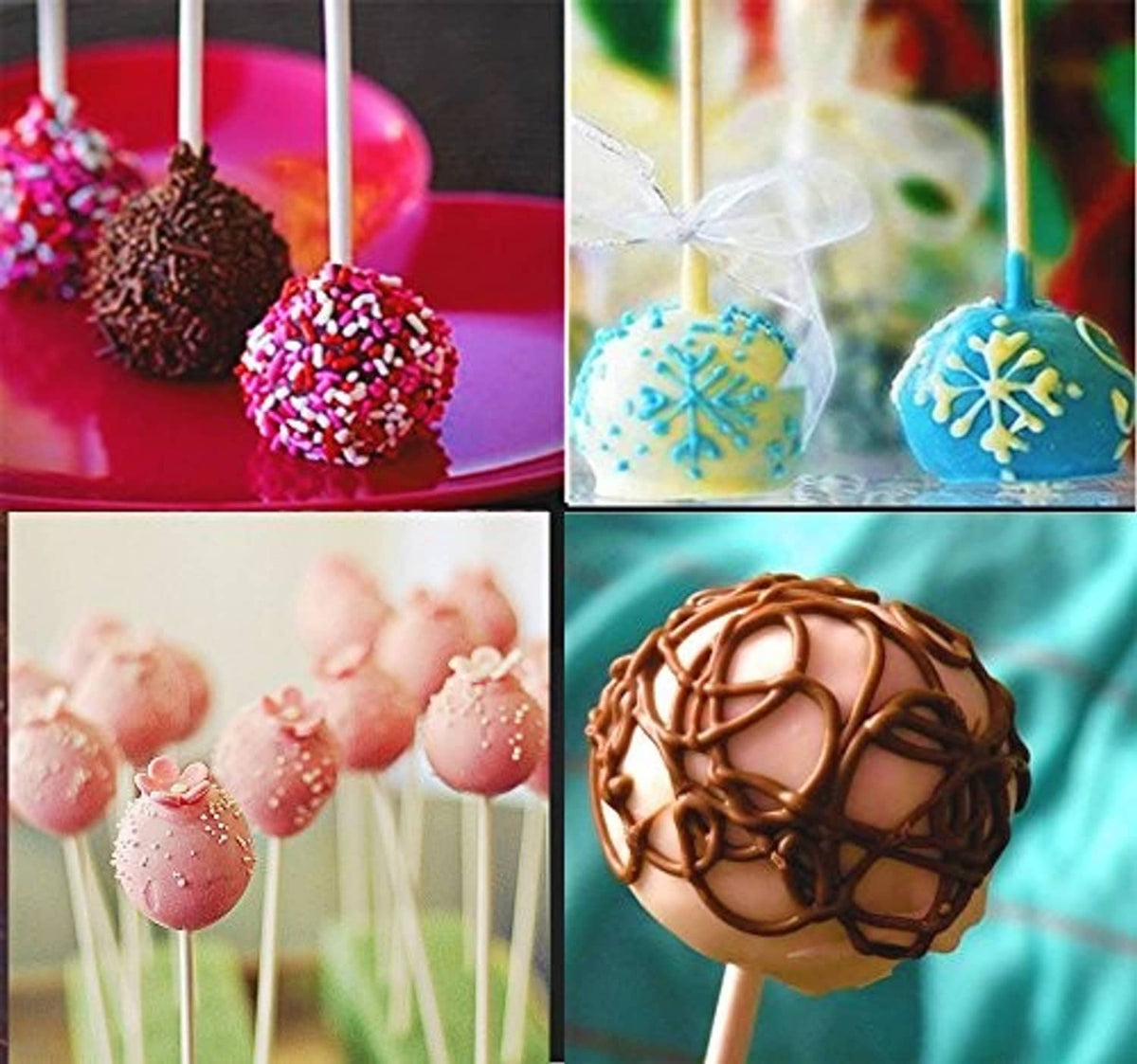 Assorted decorated cake pops on sticks with sprinkles, frosting, and cocoa