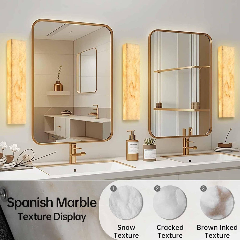 Set of two rectangular marble wall sconces with warm light panels for vanity styling