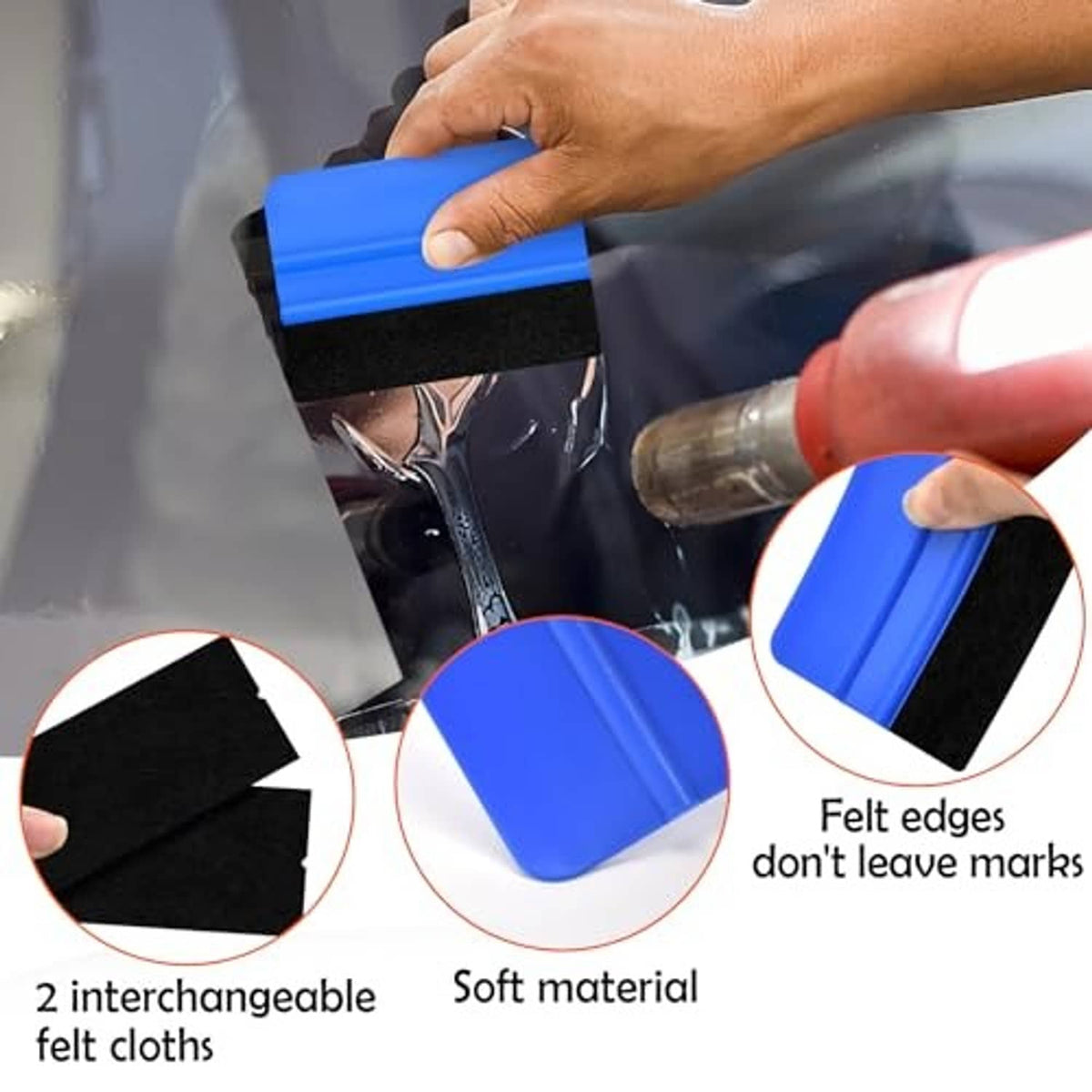 Hand applying dark window film using a blue felt squeegee tool