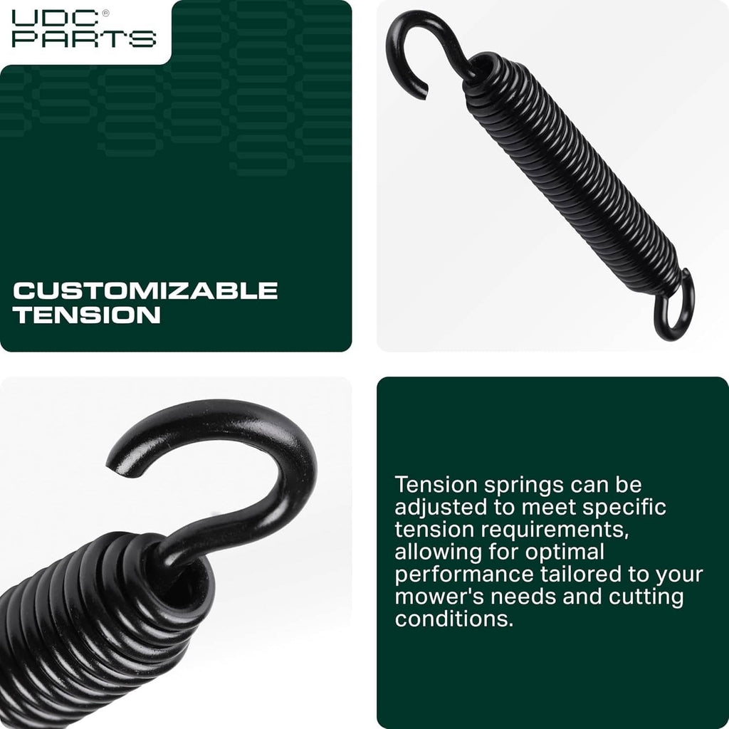 Black extension tension spring with curved hooked ends, coiled spring visible