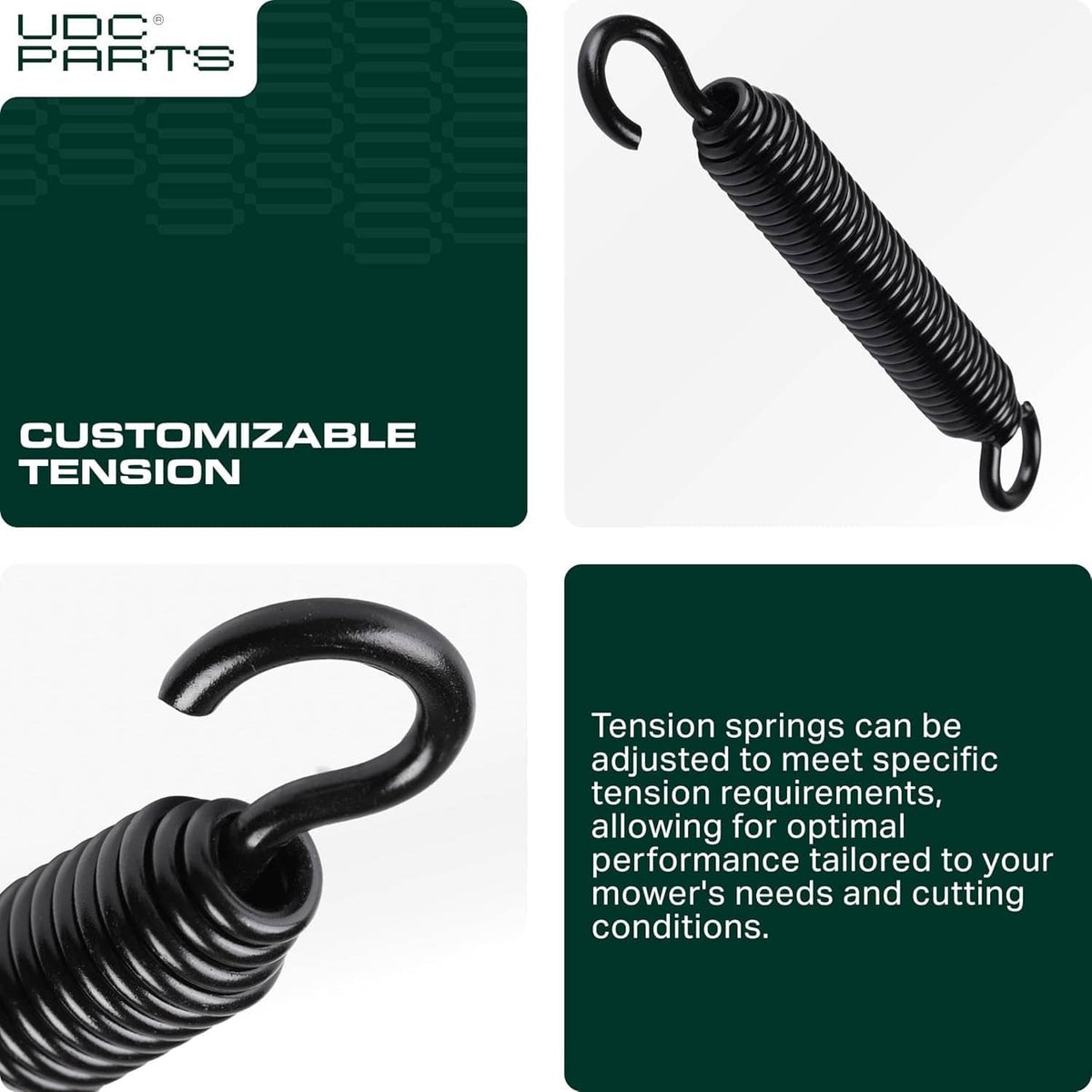 Black extension tension spring with curved hooked ends, coiled spring visible