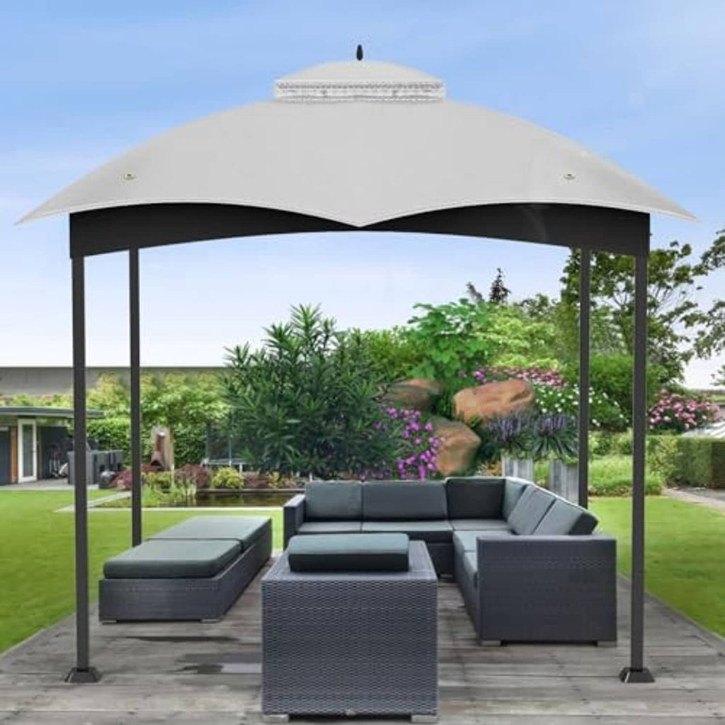 Gray gazebo canopy top replacement over outdoor seating with support posts