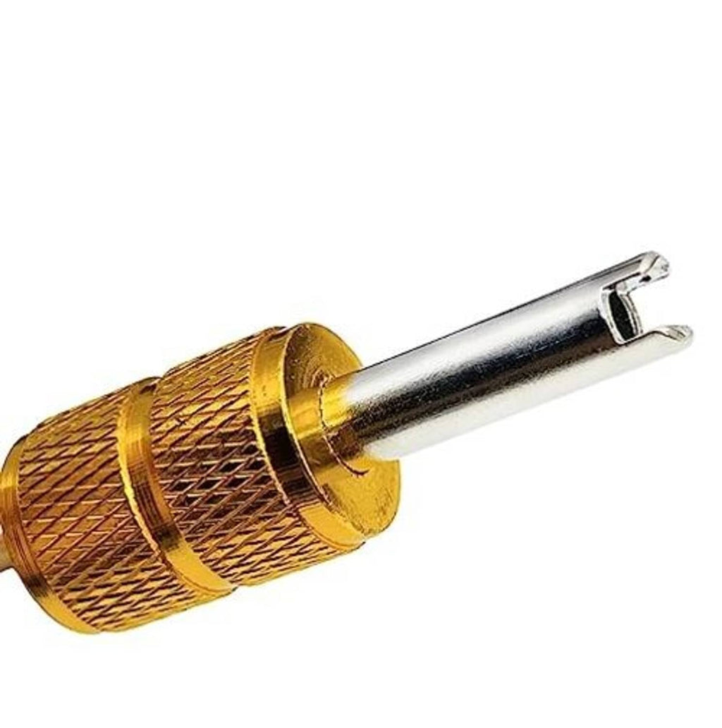 Brass-and-steel valve core removal tool end with two-prong fork tip