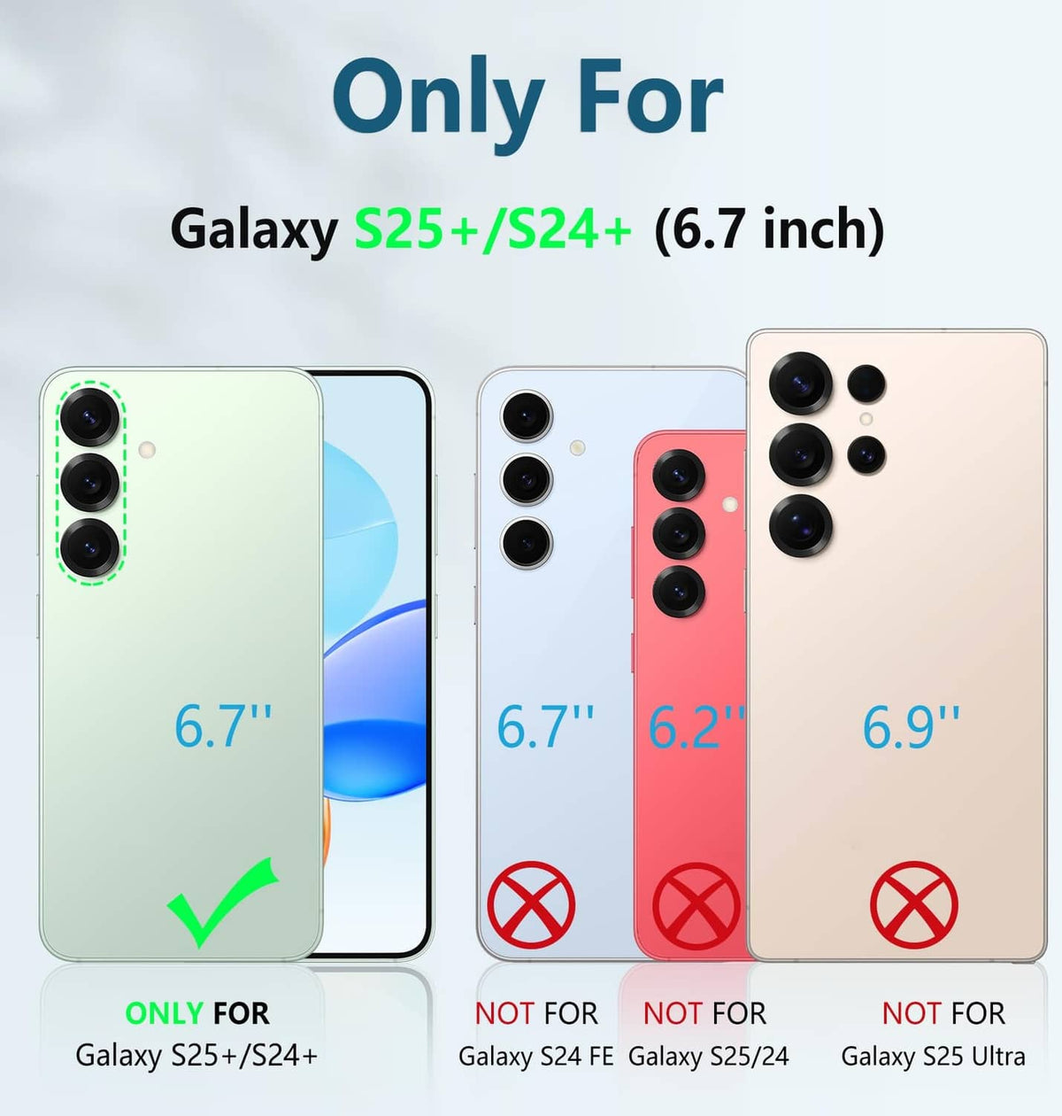 Galaxy S25+ case compatibility graphic with black and other phone case colors