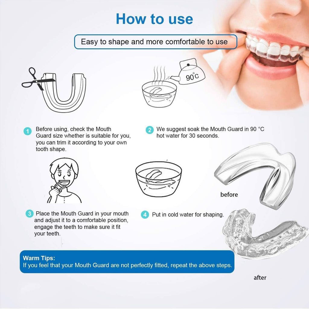 Kids mouth guard care guide, showing shaped clear tray before and after fitting