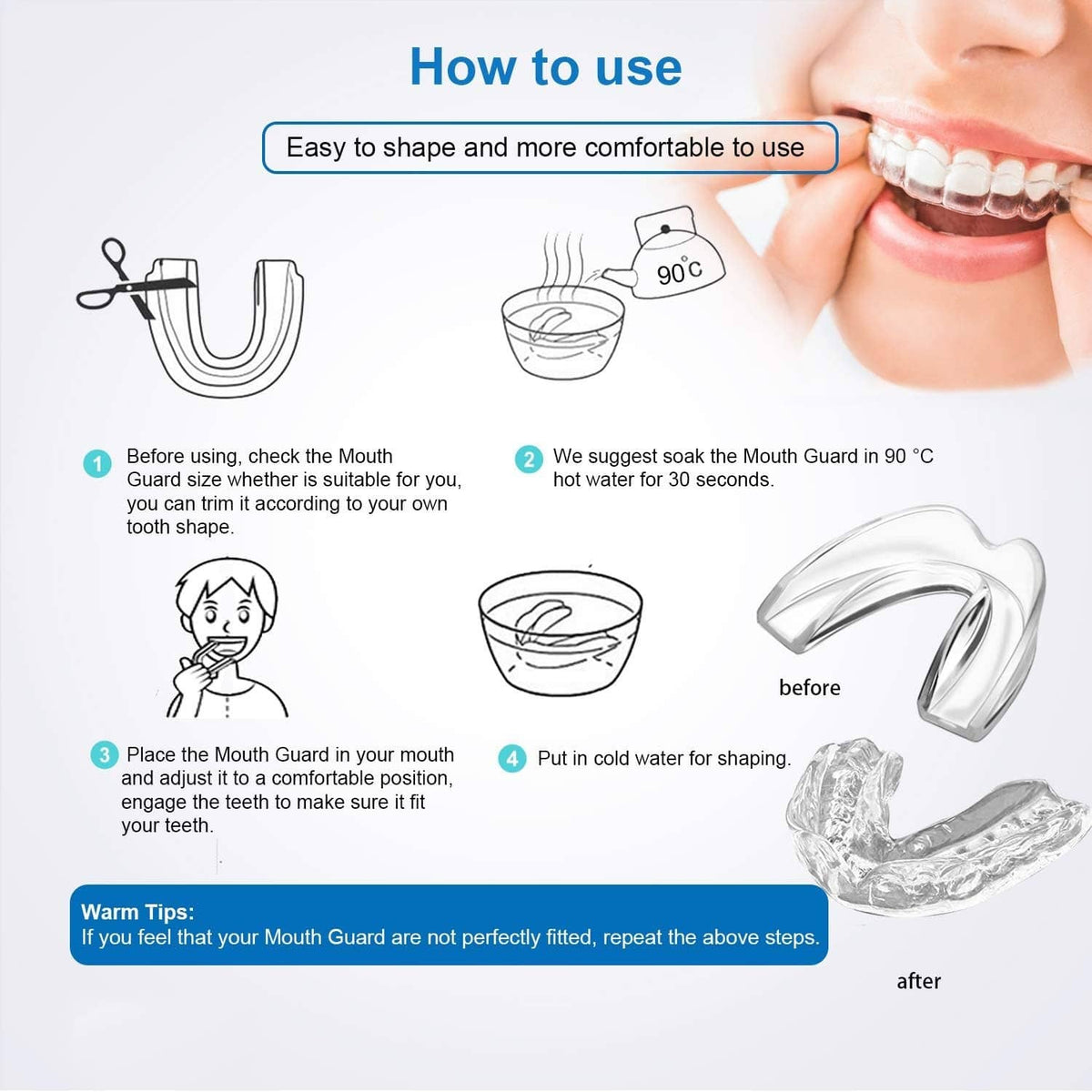 Kids mouth guard care guide, showing shaped clear tray before and after fitting