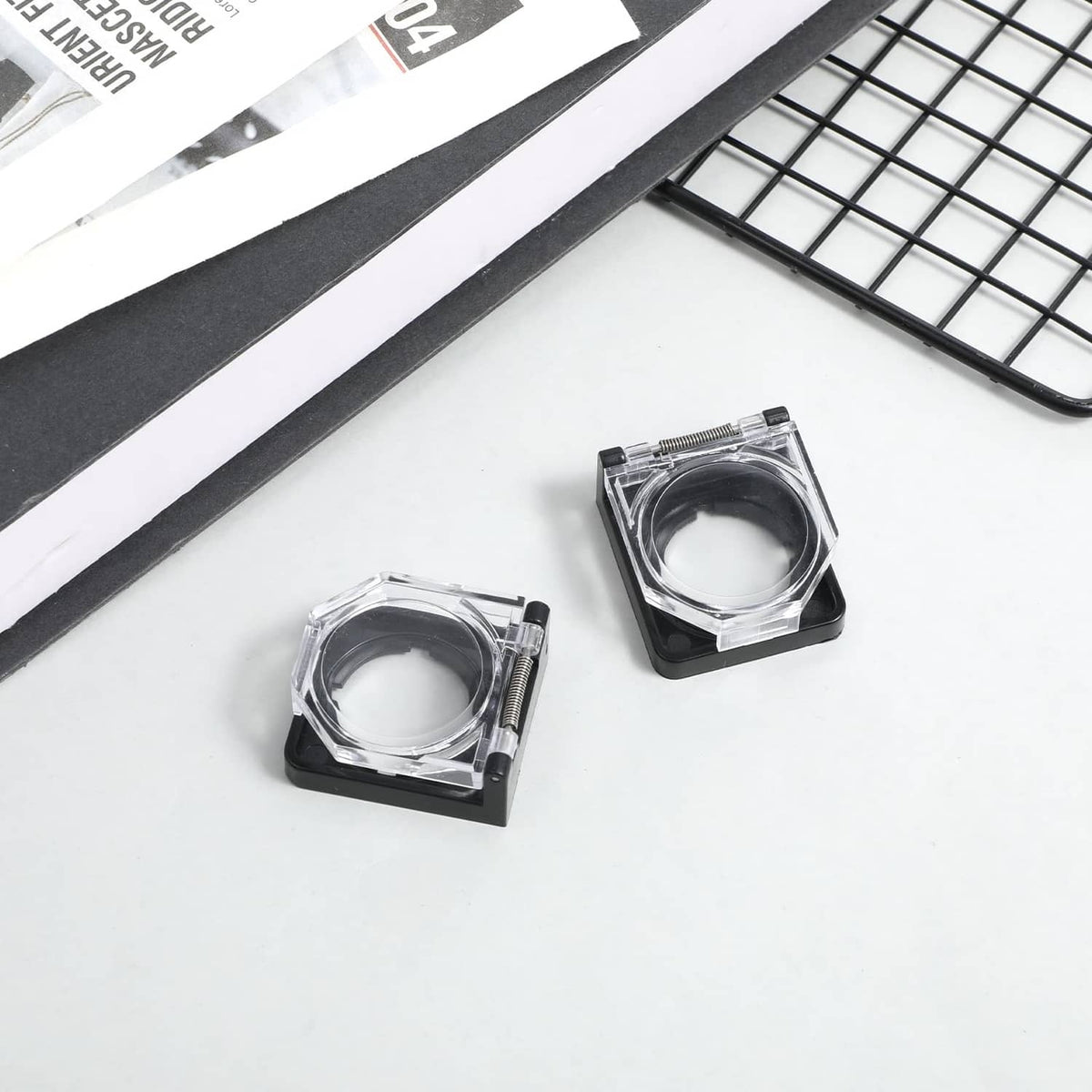 Set of two PC power button switch covers, clear ring with black square base