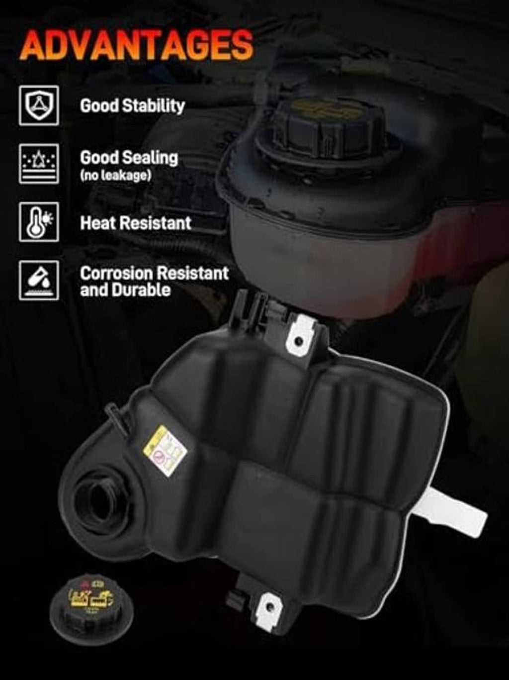 Coolant reservoir tank with cap, black housing with side mounting bracket and base