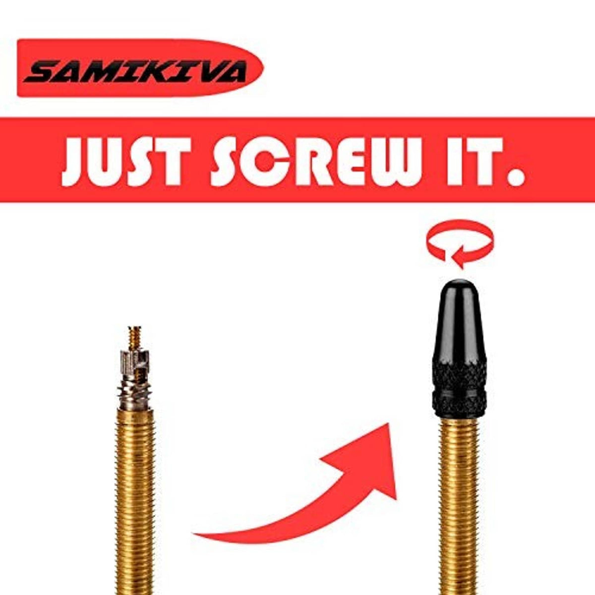 Bike Presta valve caps on valve threads, black cap ready to screw on