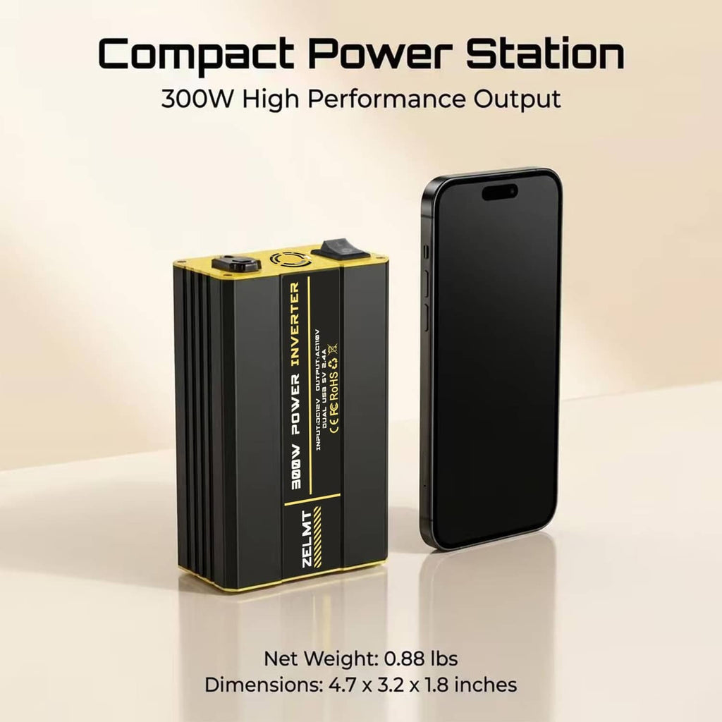 Compact ZELMT 300W inverter power station with DC input and cable connection