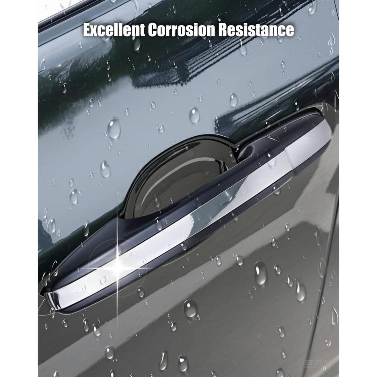 Rear right exterior door handle with chrome strip on a wet vehicle door