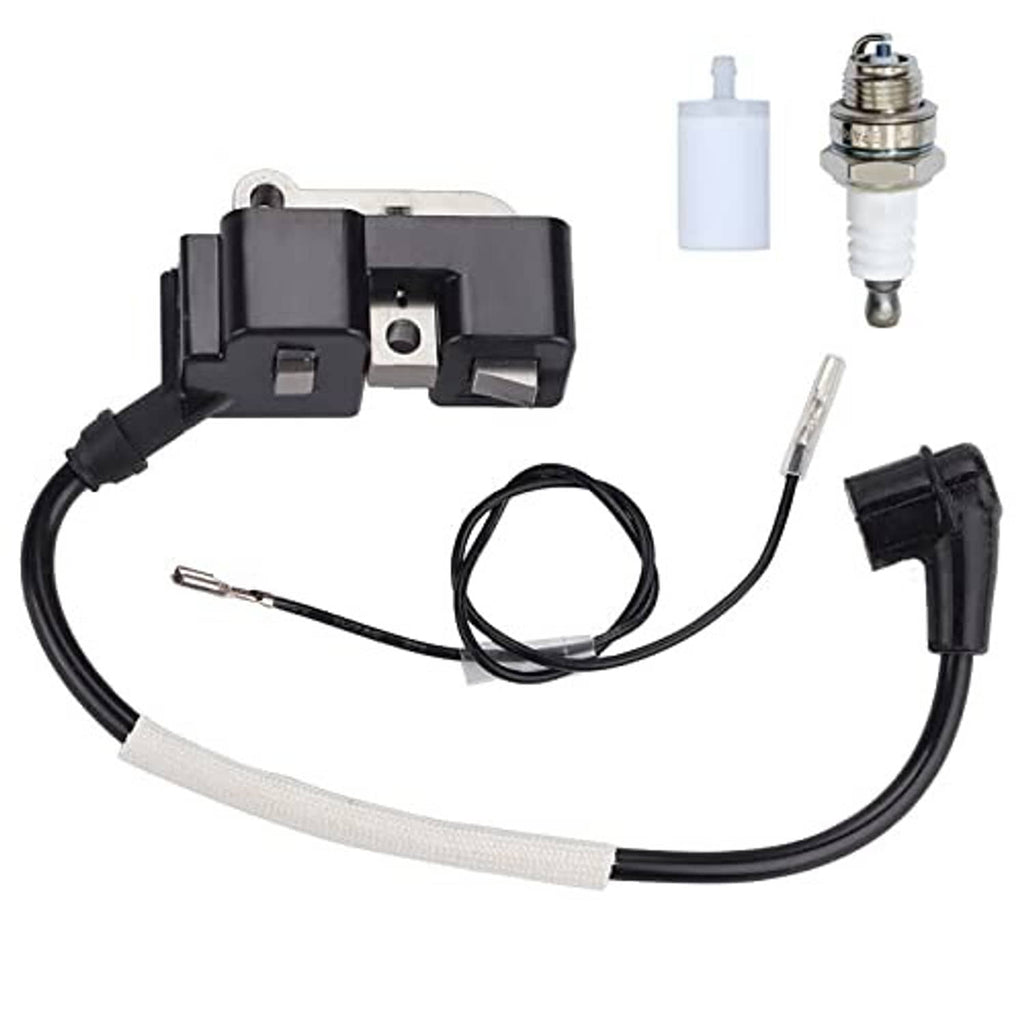 Ignition coil module with spark plug, spark plug cap, and black wire harness