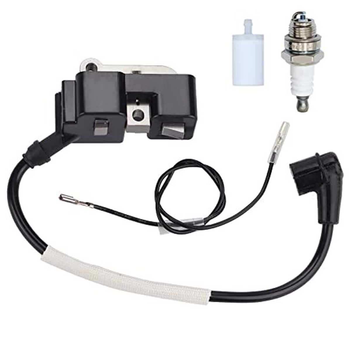 Ignition coil module with spark plug, spark plug cap, and black wire harness