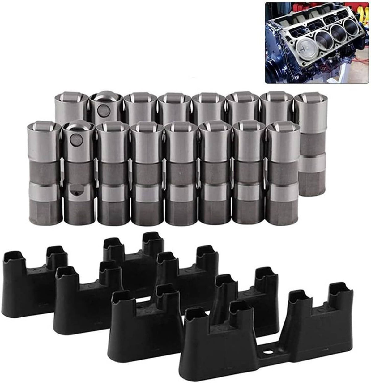 Hydraulic roller lifter set with black guide tray and silver lifters