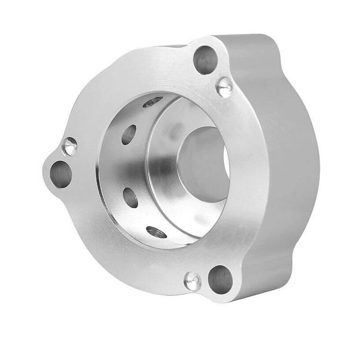 Blow-off valve spacer flange, silver metal, circular bore and bolt holes