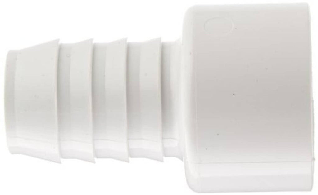 White PVC barbed pipe adapter fitting with ridged barbs and wide flared end