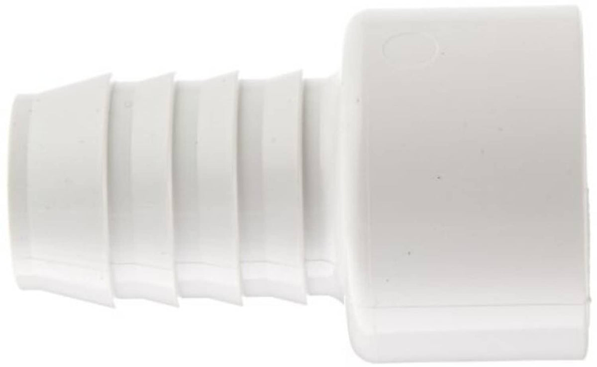 White PVC barbed pipe adapter fitting with ridged barbs and wide flared end