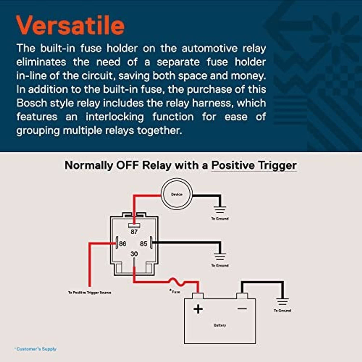 Normally-off relay circuit wiring diagram with positive trigger terminals and battery leads