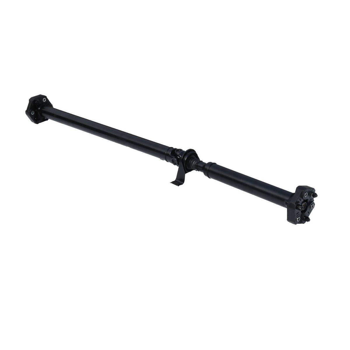 Black drive prop shaft with center coupler and end mounting brackets, angled view