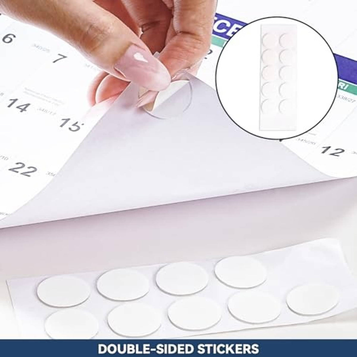 Double-sided sticker dots for wall calendar attachment, shown with labeled circular close-up