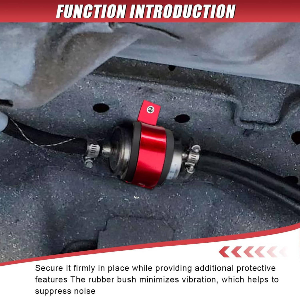 Red fuel filter mounting bracket clamped on a vehicle fuel line near the firewall
