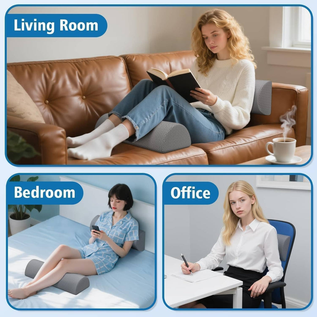 Gray knee pillow bolsters resting on a couch to support legs while sitting