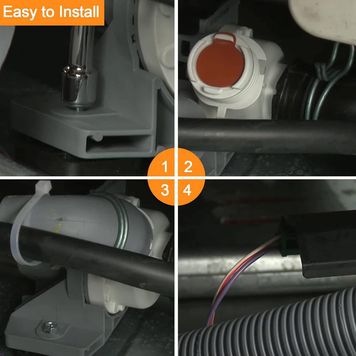 Washer drain pump installation close-up with white outlet and red connector area