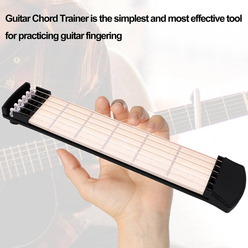 Black guitar chord trainer bar with fretted fingerboard and hand-held grip