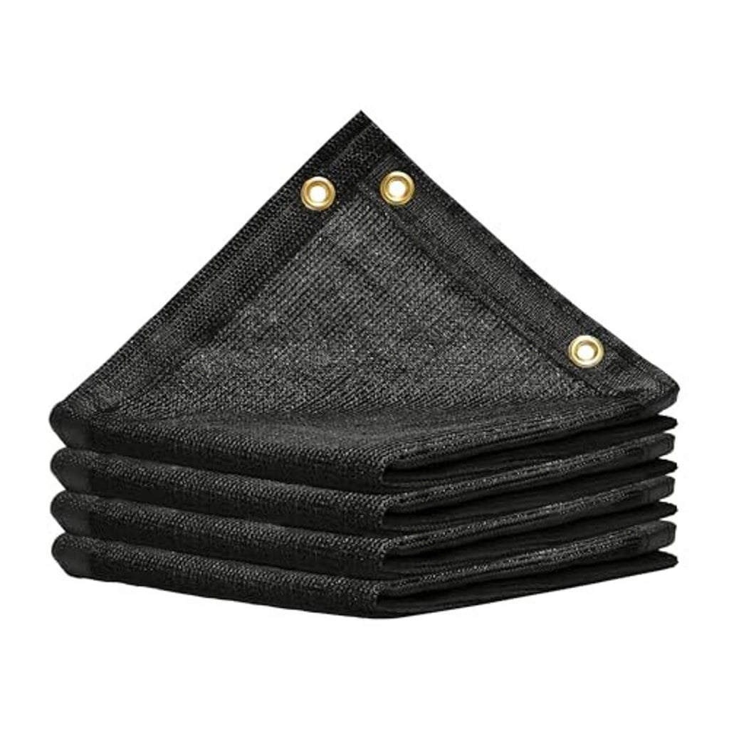 Folded black shade cloth sheet with corner grommets, woven mesh.